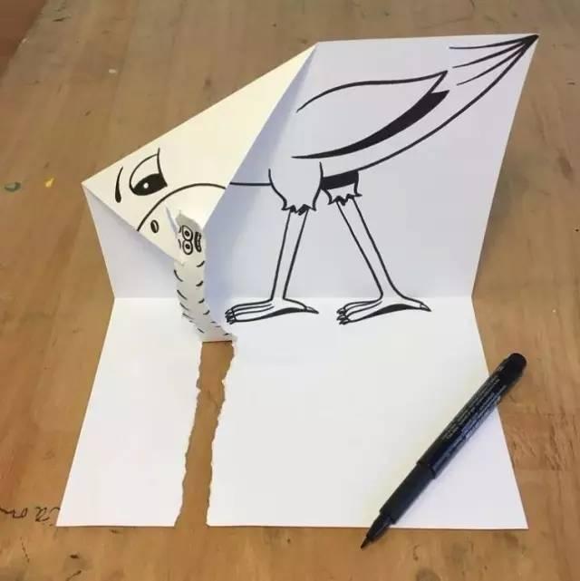 在普通的A4纸上先画出画,然后撕出3D效果!