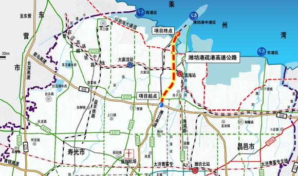 线路起荣潍高速公路坊子互通东侧主线收费站,向西延伸设置高架桥上跨