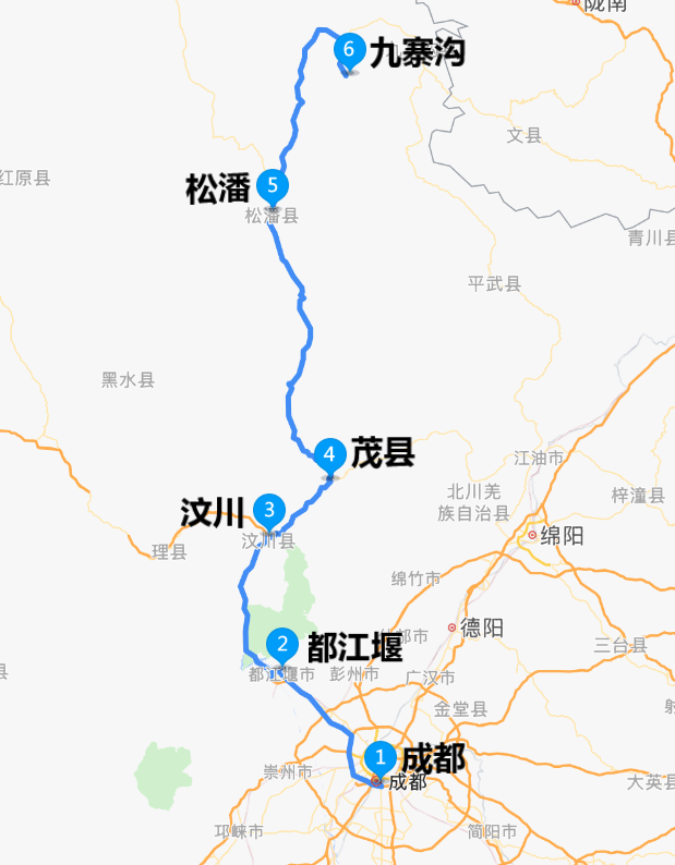 路线总览:成都 都江堰 汶川 茂县 松潘 九寨沟九环