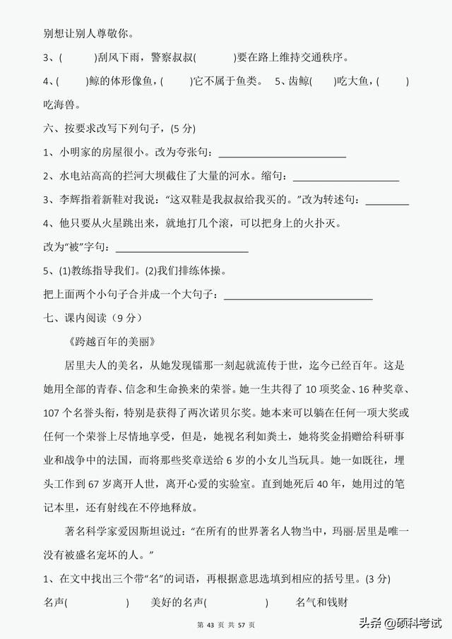 小升初分班试卷（7套附答案）重点中学尖子班，语文冲刺必备 小升初 第21张