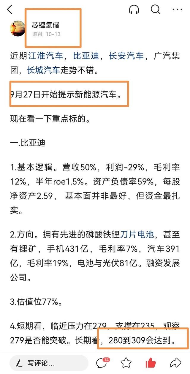 10月13日发文预期这个新能源汽车龙头到300，比亚迪顶部有多高？