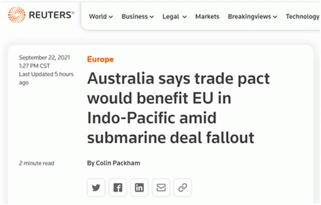 潜艇争端令澳欧合作搁浅？澳大利亚坐不住了，贸易部长竭力画饼