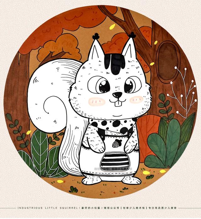 准备一支记号笔在素描纸上运用流畅的线条概括出松鼠的特征运用点线面