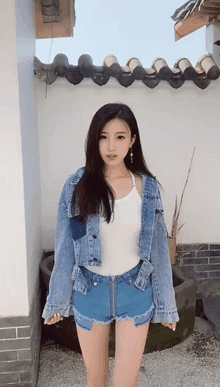 高挑美女的GIF动态图片：一拉到底的牛仔短裤，好看吗？
