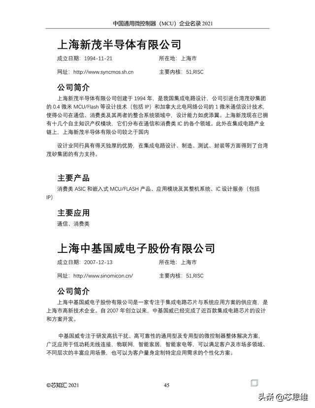 中国通用微控制器(MCU)企业名录 2021