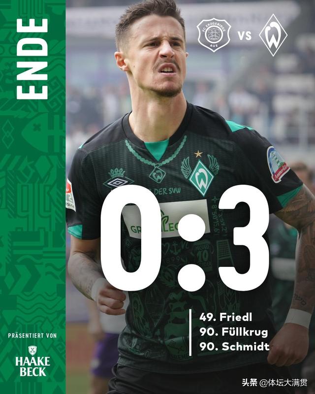 不莱梅3-0完胜。3分优势位居德乙第二，有望重返德甲