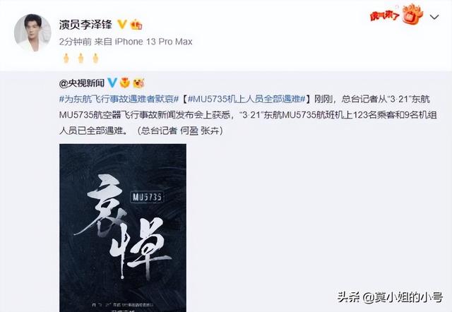 杨紫、蔡徐坤等超百位明星为东航飞行事故遇难者默哀：逝者安息