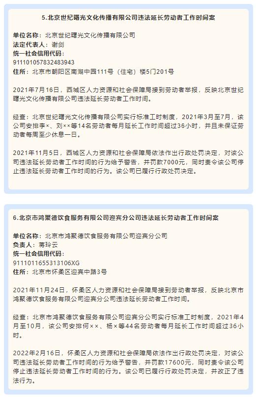 北京两家公司因超时加班被罚