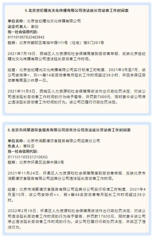 每月延长工时超36小时，北京两家公司因超时加班被罚