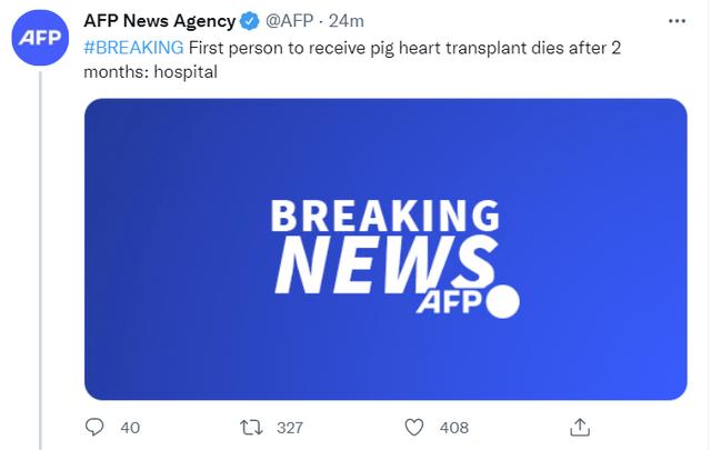 快讯！外媒：全球首个接受猪心脏移植病患死亡