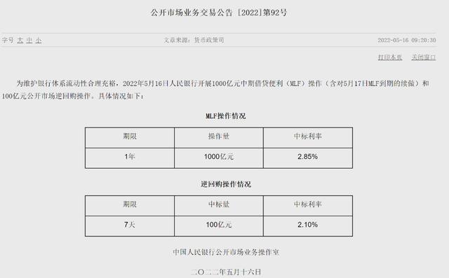 央行等量续做1000亿元MLF操作 利率不变