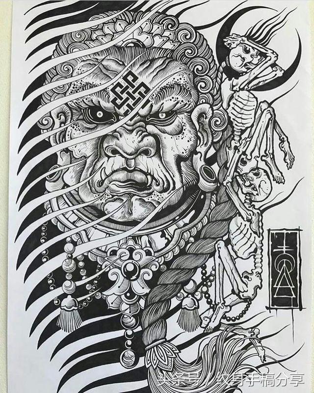 明王花臂纹身，不动明王纹身手稿分享