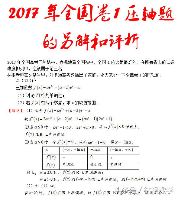 2017年全国卷Ⅰ压轴题的另解和评析