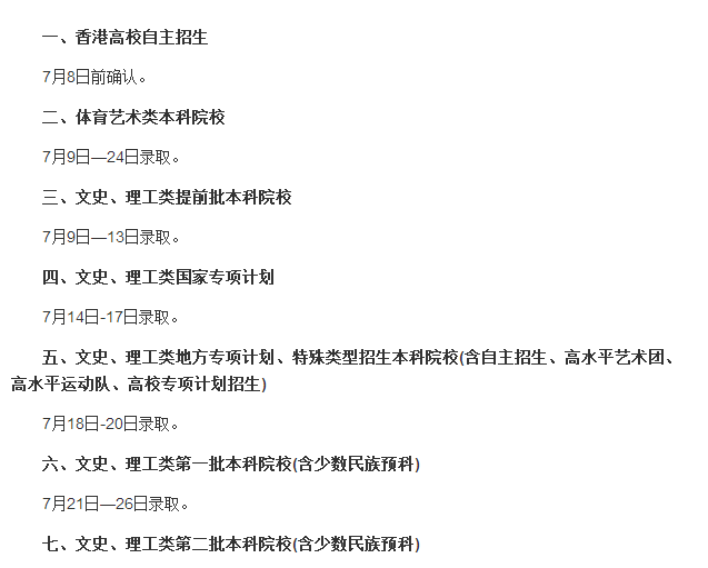 来源各地招生办官网 2017年高考考生最关注的不同批次录取时间