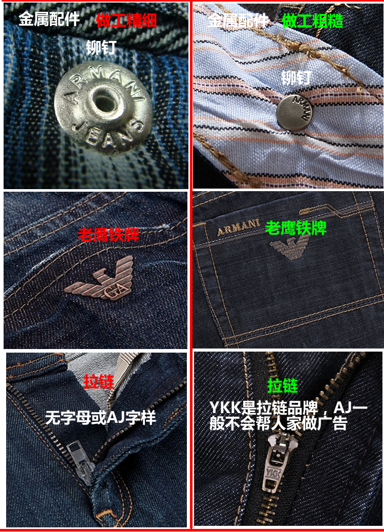 鉴定奢侈阿玛尼品牌aj牛仔裤真假,看商家爆光这些对比图片就行