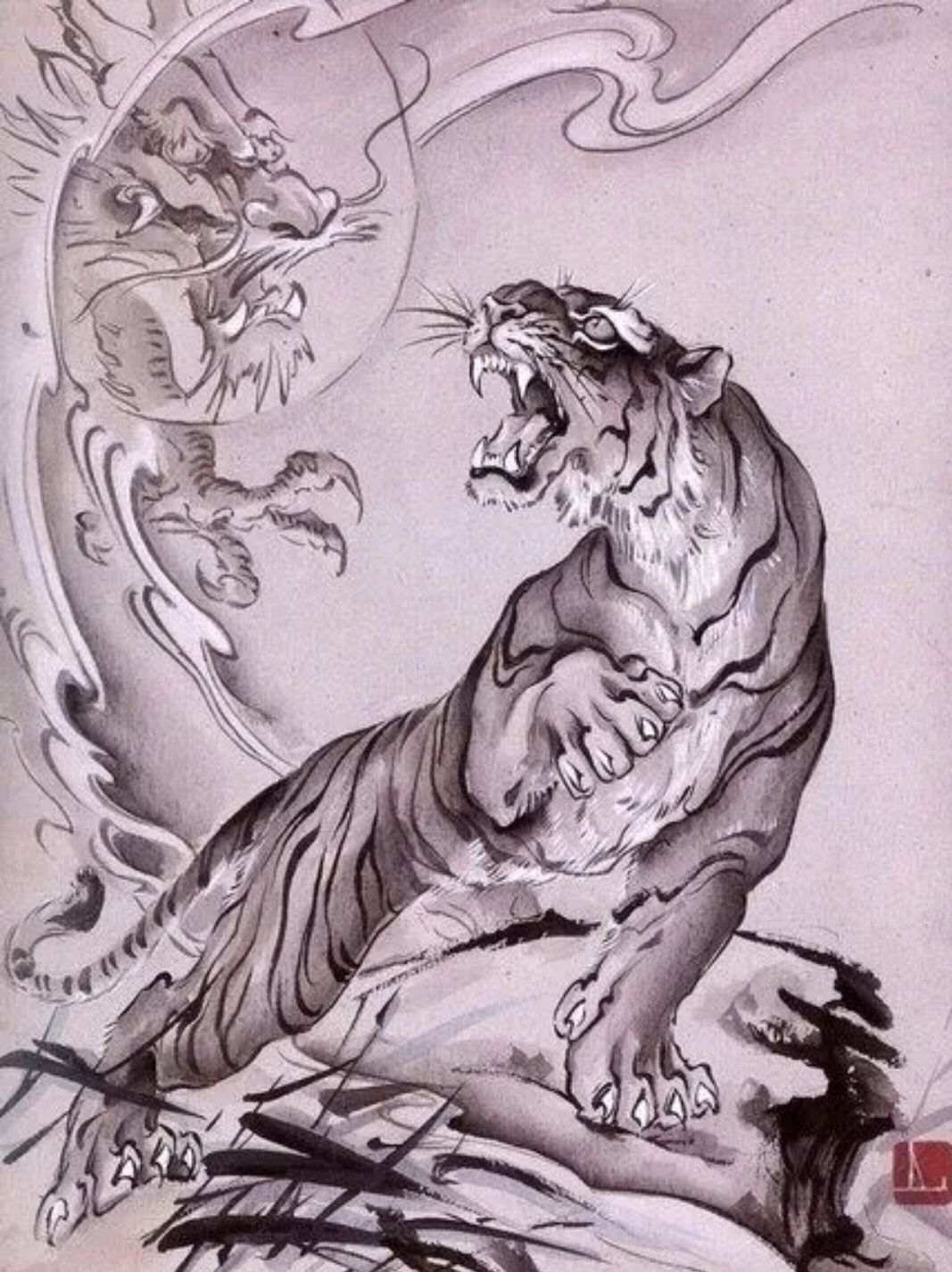 老虎纹身手稿线条图片