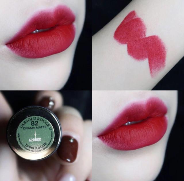 兰蔻#82是一支蓝调正红色微微偏玫,哑光丝绒质地非常的提气色,薄涂偏