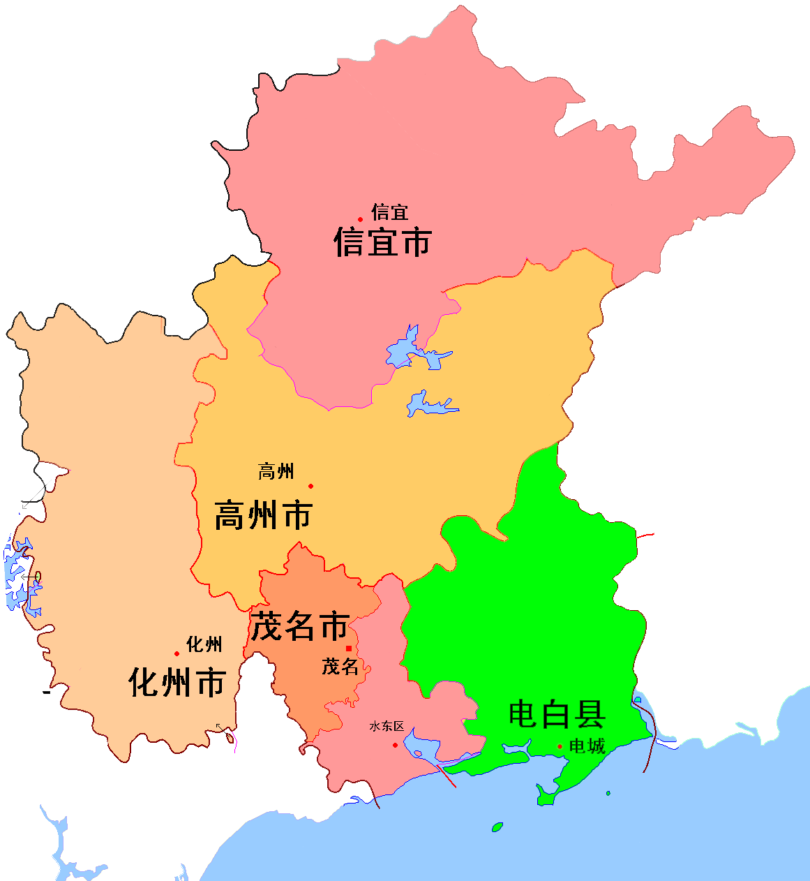 高州市,化州市,信宜市茂南区,电白区茂名市——2区3县级市台山市,鹤山