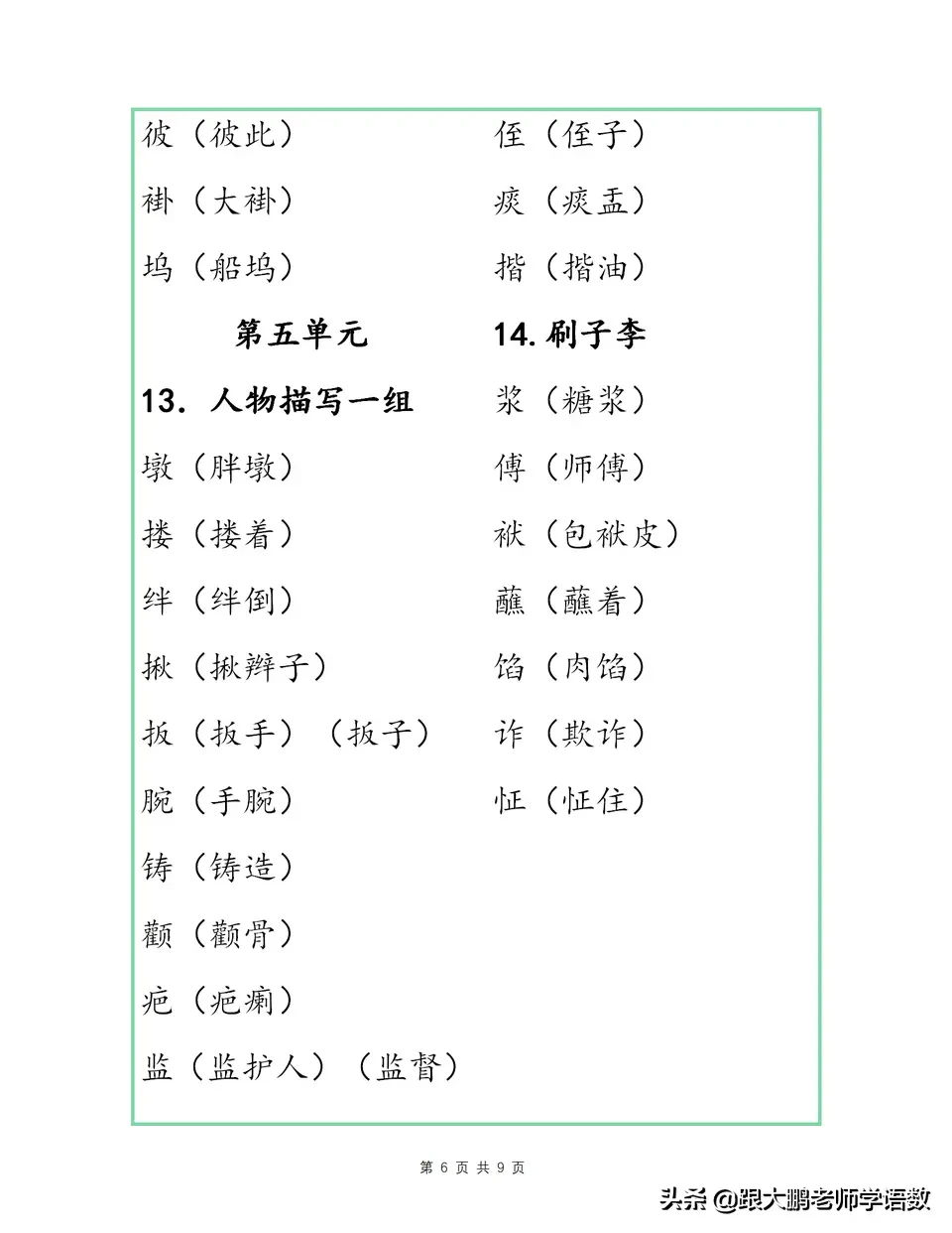 掌握部编版五年级下册语文各单元识字表组词，期中考试用得上。