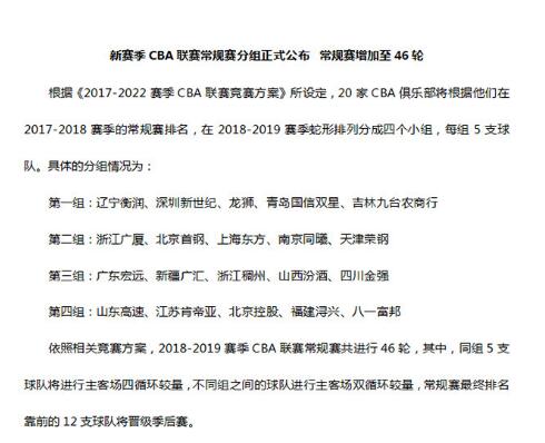 cba为什么叫常规赛(CBA官方公布赛制：常规赛4组循环，疆粤同组)