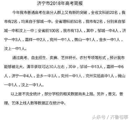 喜报！济宁“2018年高考简报”流出？约30人可上“北大清华”