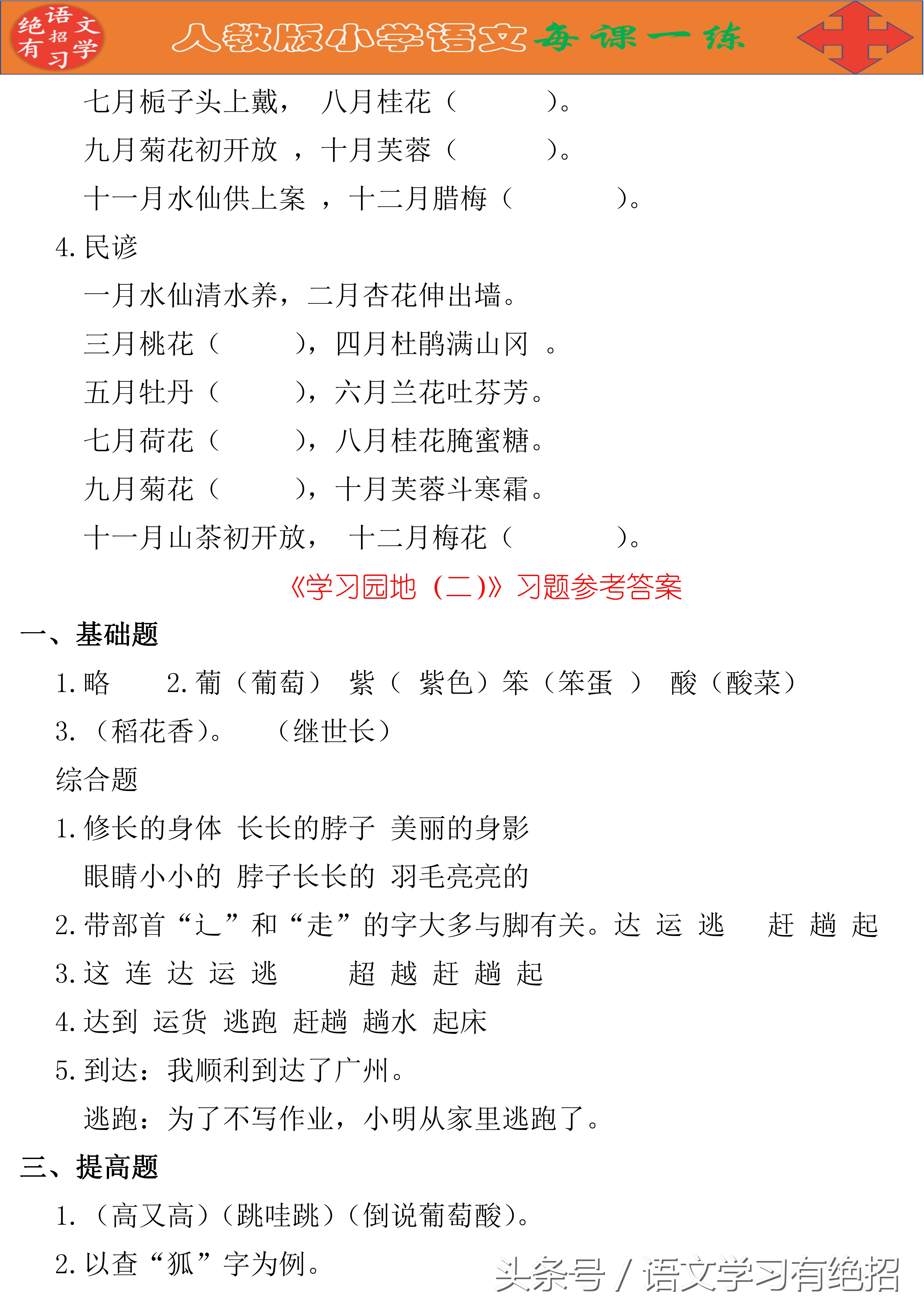 语文第2课堂：人教版2年级第2单元，重要知识点汇总+同步练习