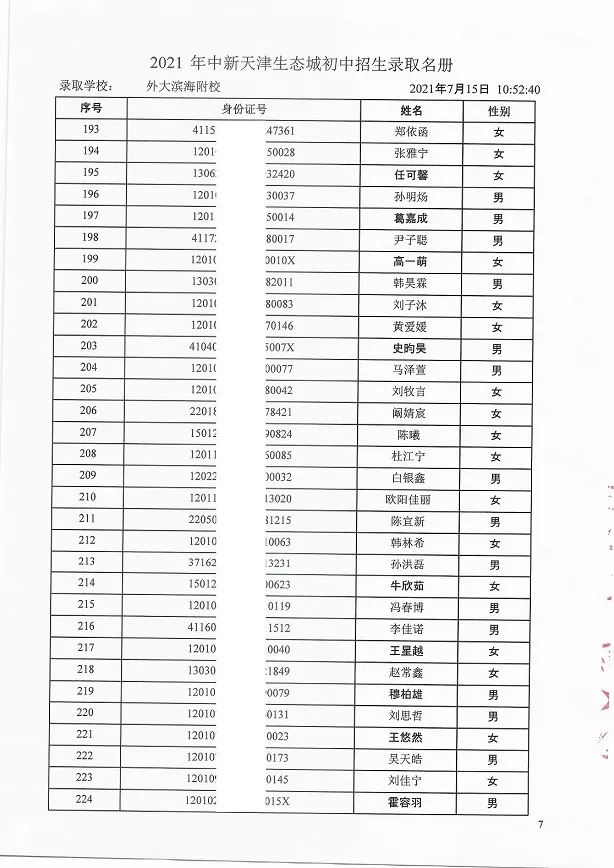 2021年天津“生态城”4所学校7年级录取名单公布！有你的名字吗？