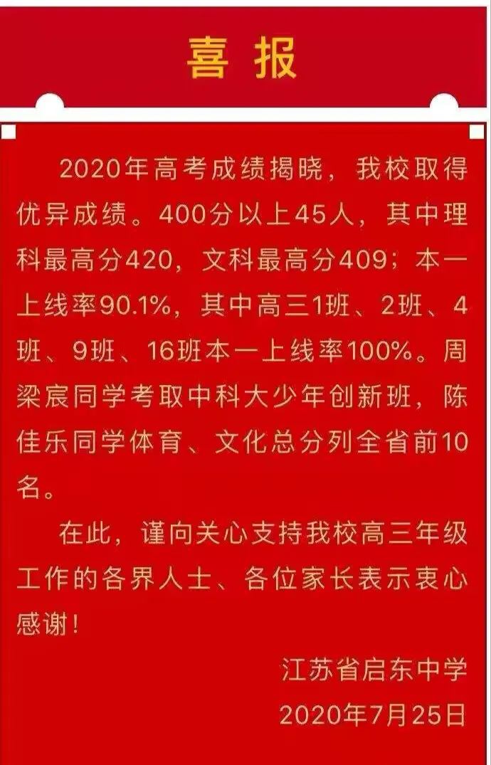 南通这些四星级高中高考成绩公布！看看你孩子未来上哪里！