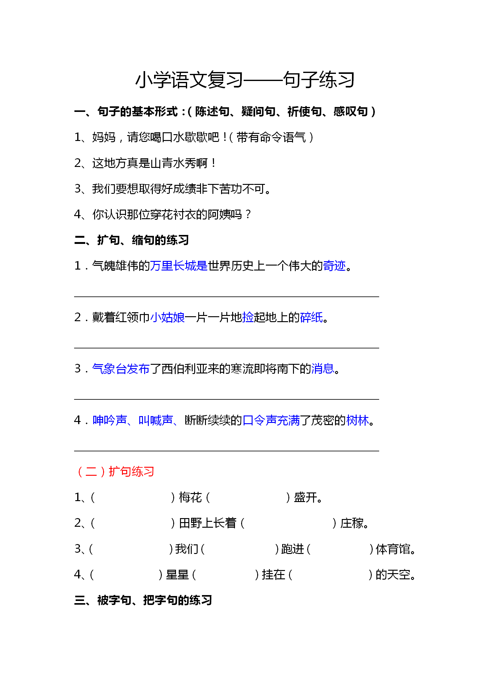 小学生语文句子专项训练题：被动句把字句反问句疑问句病句修改等