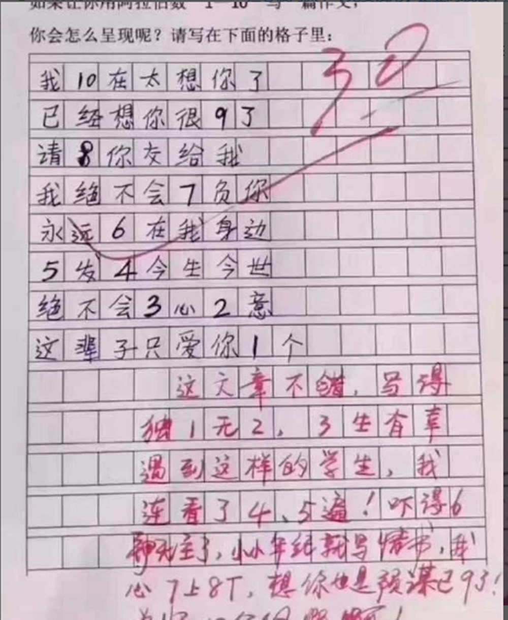 小学生用数字写打油诗，“5发4绝不3心2意”，老师：预谋已9