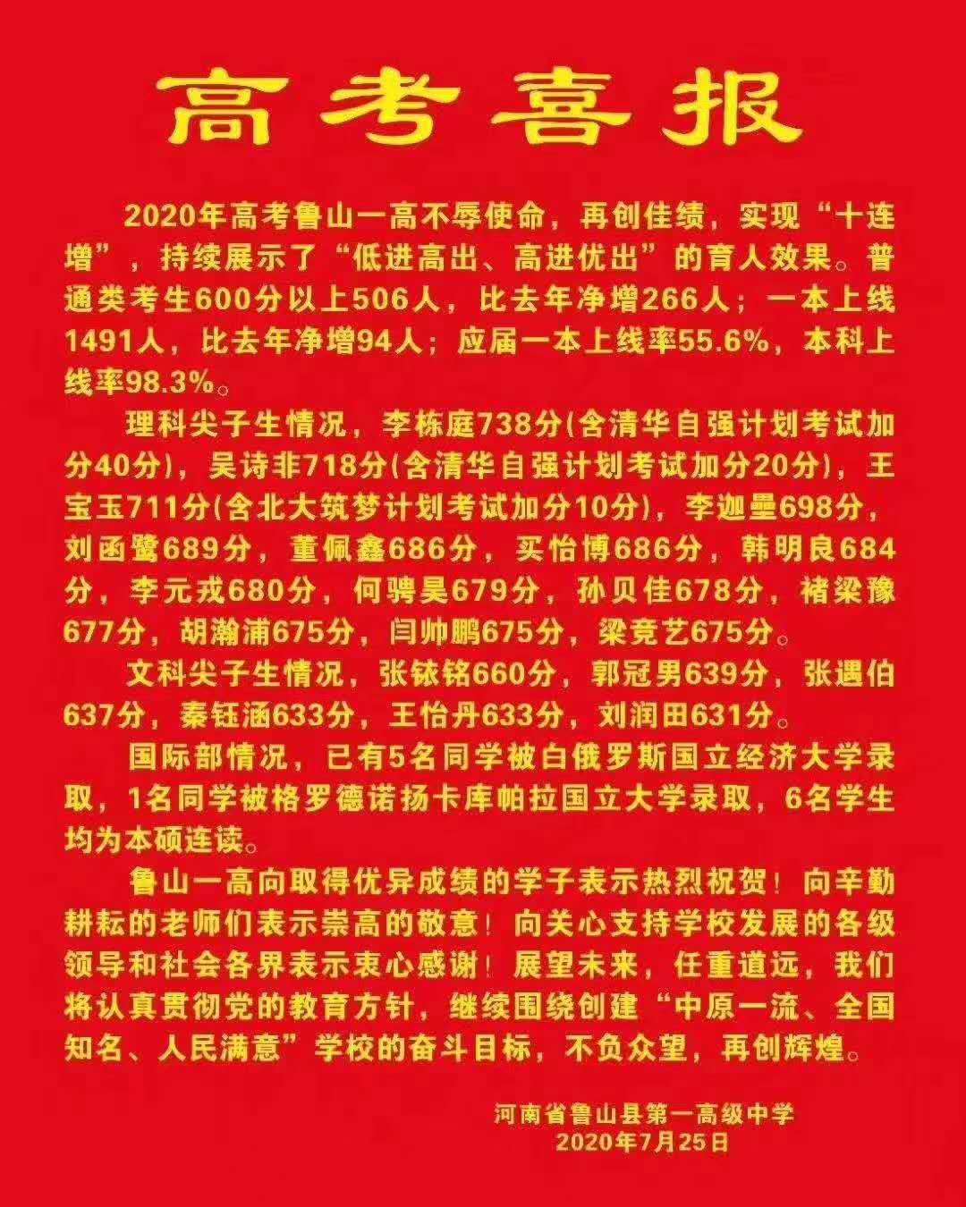 河南平顶山四所高中，鲁山一高榜上有名，叶县、宝丰县中不容小觑