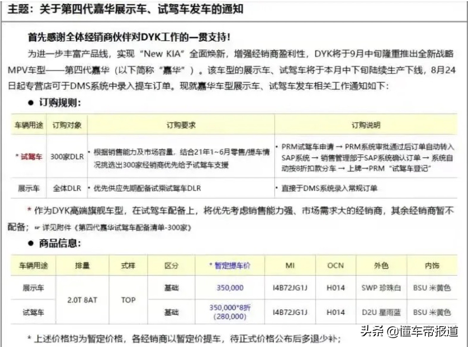 新车 | 提车价35万，疑似国产起亚全新嘉华暂定提车价曝光，买吗？