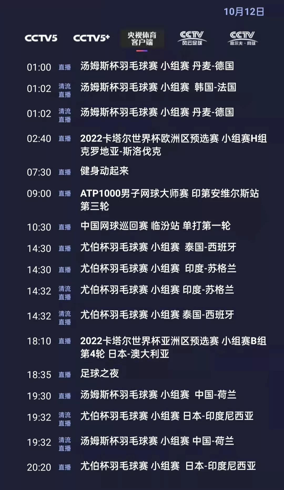 央视体育今日节目单：世预赛亚洲区12强赛(沙特-中国)，CCTV5直播