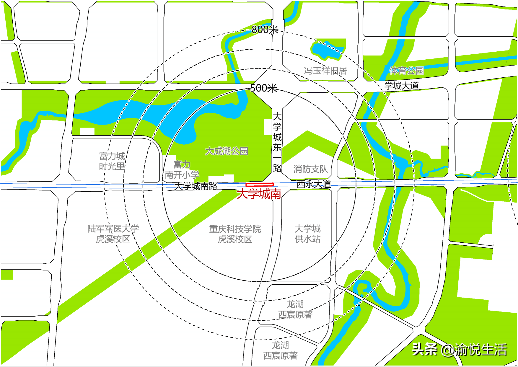 重庆科技学院(虎溪)和富力南开小学等公共休闲:大成湖公园,体育公园和