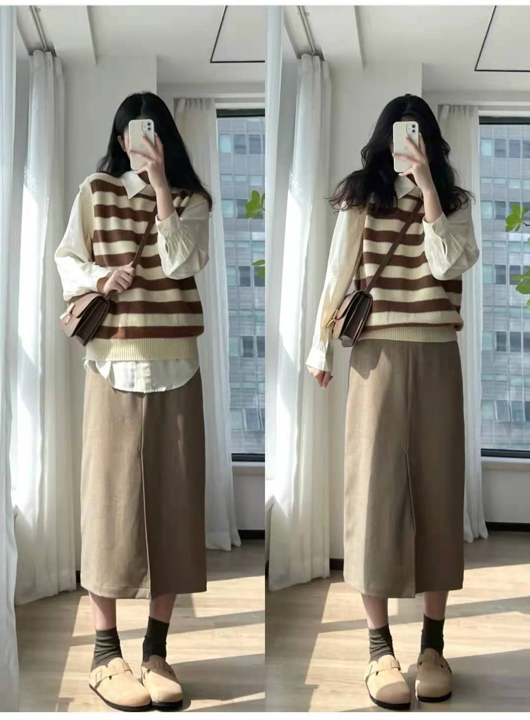 棕色半身裙穿搭:这身初秋学院风搭配,上衣是棕色系的条纹针织背心,内