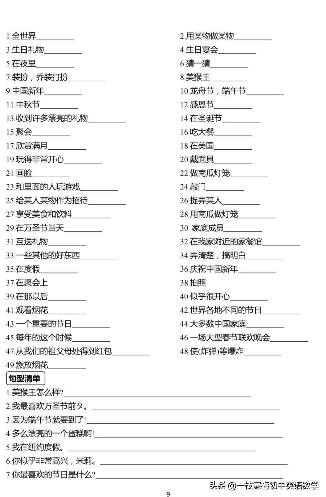 译林版 七年级英语（上册）重点单词、短语、句型默写及背诵手册