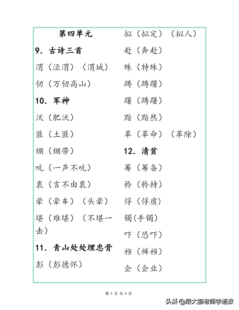 掌握部编版五年级下册语文各单元识字表组词，期中考试用得上。