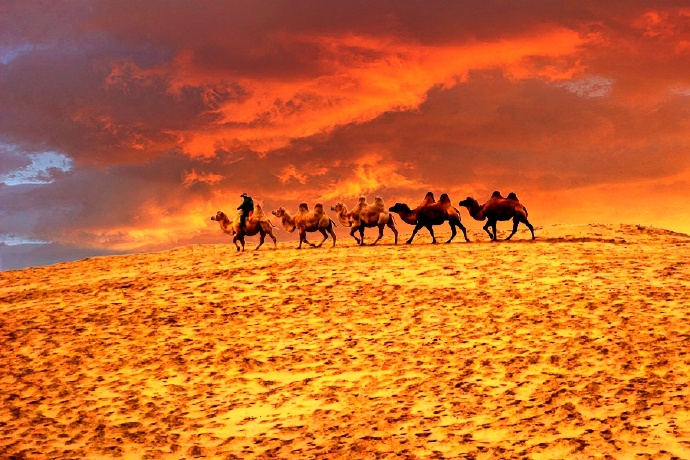 耳边的驼铃，眼前的夕阳，无垠的沙漠，带给我们震撼的视觉冲击