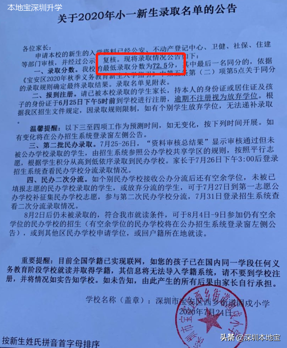 放榜啦！2020年宝安学位申请录取结果出炉！最低录取分数也出来了
