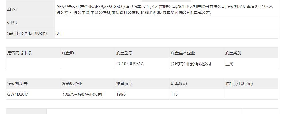 或取代风骏系列皮卡，长城金刚炮申报信息曝光