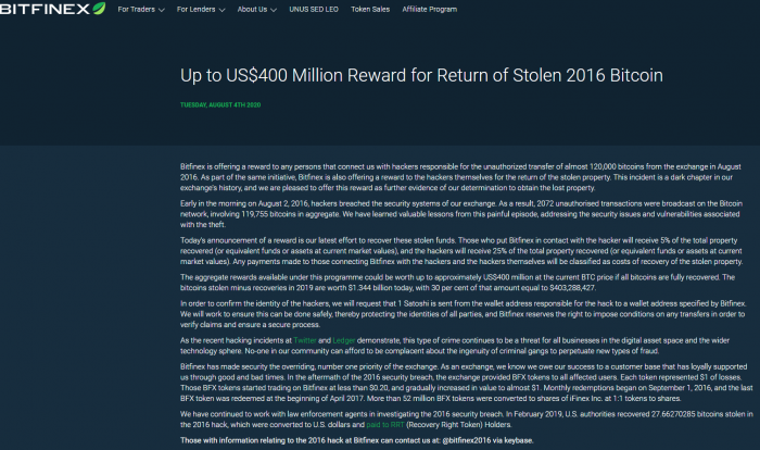 为追回近 12 万枚被盗比特币，Bitfinex 将向黑客提供 25% 的奖励
