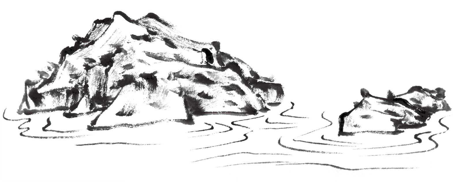 1 确定水势一般采用先画山石再取水势的方法,绘制出大块山石,适当皴擦