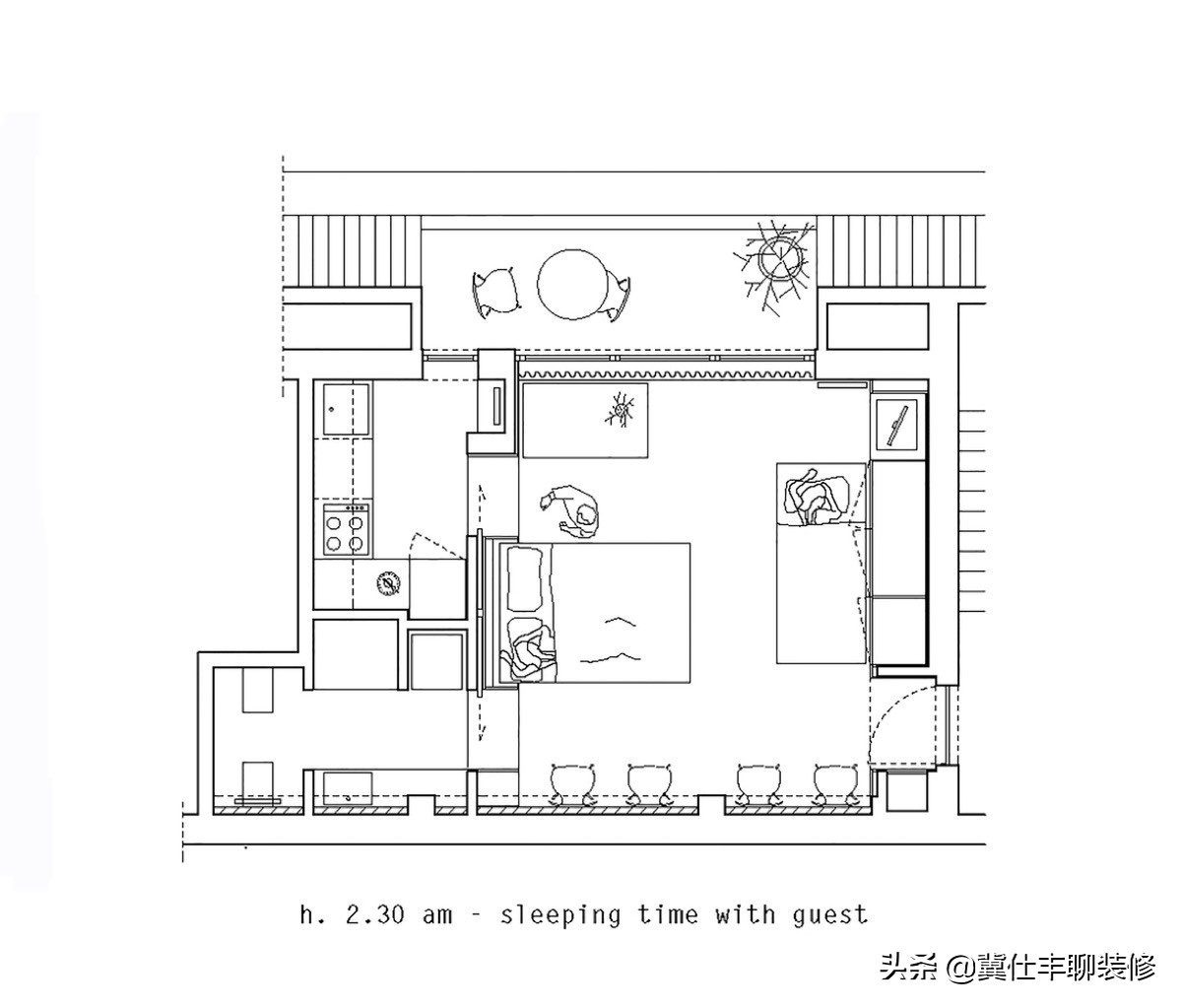 28㎡小宅，四张平面图，展示业主从早到晚的生活