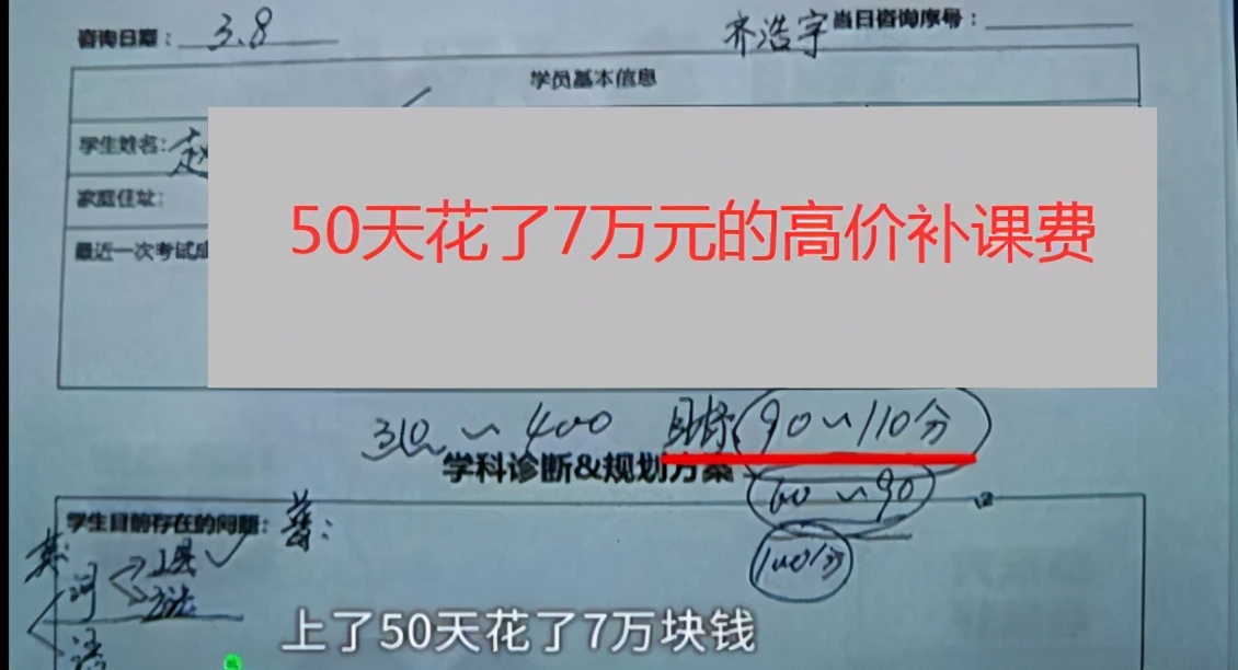 高三考生花7万上了50天补习班，成绩却倒退100分，家长怒讨说法