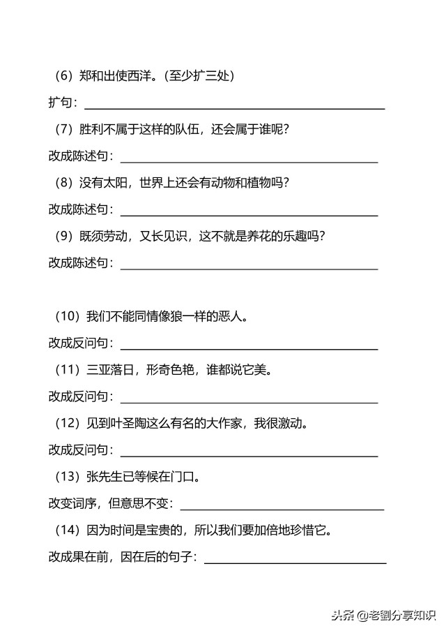 小学五六年级语文句子专项训练习题及答案！