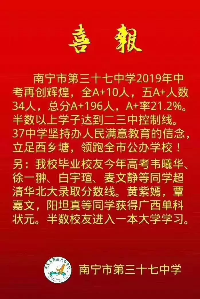 2019年南宁中考98人全A+,各初中名校发布喜报,你觉得哪家强?