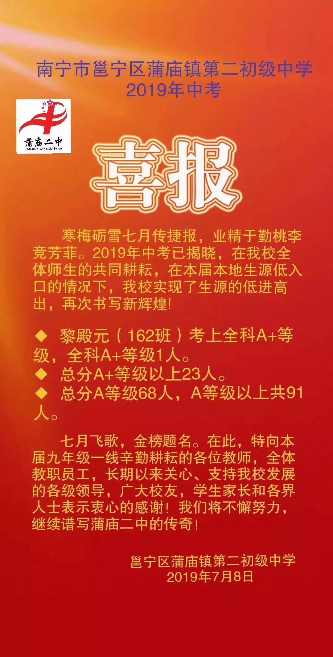 2019年南宁中考98人全A+,各初中名校发布喜报,你觉得哪家强?