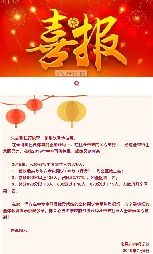 2019年南昌各初中学校中考喜报汇总