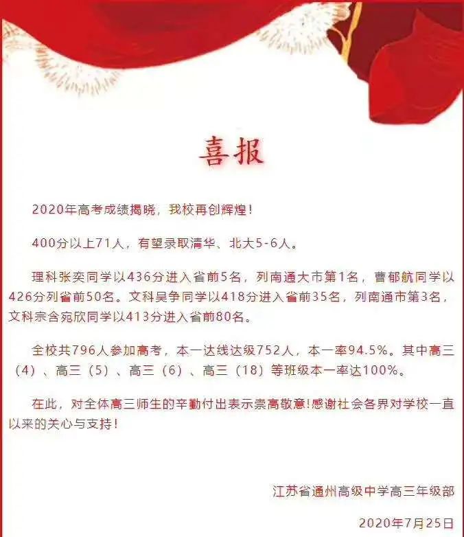 南通这些四星级高中高考成绩公布！看看你孩子未来上哪里！