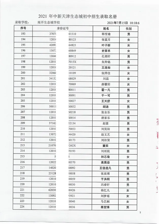 2021年天津“生态城”4所学校7年级录取名单公布！有你的名字吗？